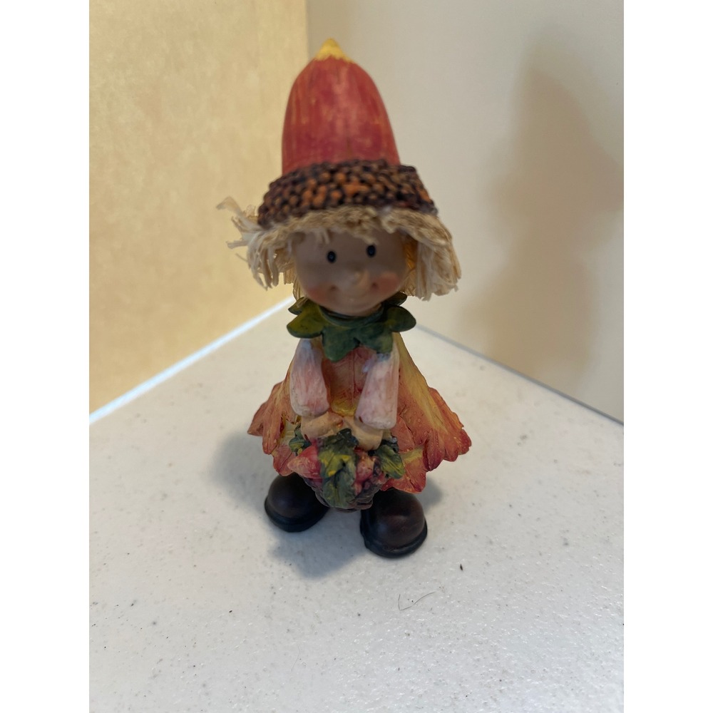 Harvest Girl Figurine Autumn Fall Leaf Dress Acorn Hat Thanksgiving Decor 4.5in